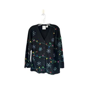 Michael Simon Black Christmas Holiday Lights Snow Button Up Cardigan Size Medium